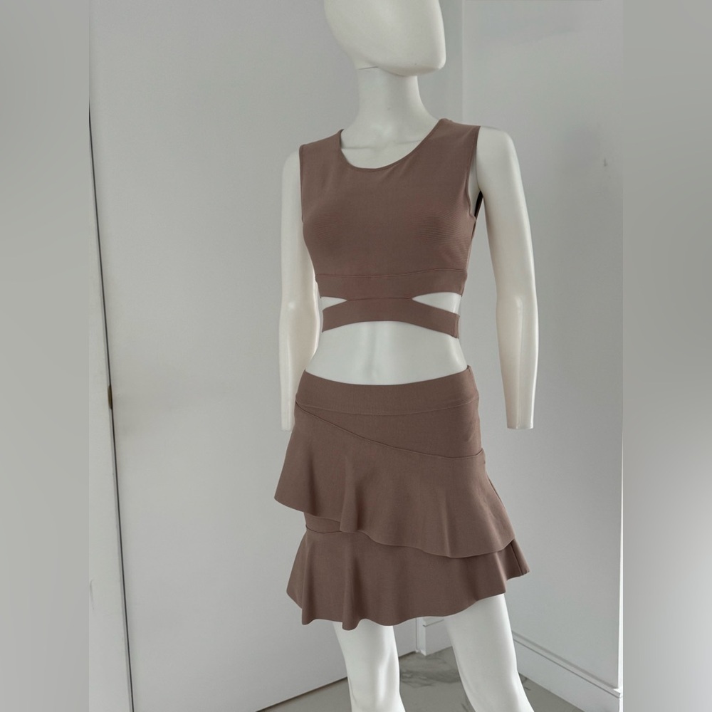 BCBG MaxAzria Mauve Cutout Bandage Crop Top & Tiered Ruffle Mini Skirt Set | XS